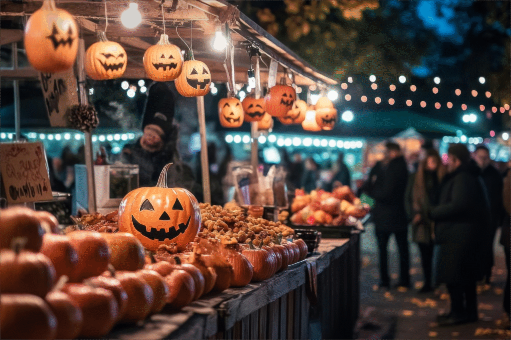 Feira de abóboras decoradas para o Halloween com diversas abóboras laranjas expostas em um ambiente festivo e iluminado ao ar livre representando o clima criativo e comercial da data comemorativa
