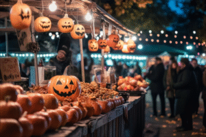 Feira de abóboras decoradas para o Halloween com diversas abóboras laranjas expostas em um ambiente festivo e iluminado ao ar livre representando o clima criativo e comercial da data comemorativa