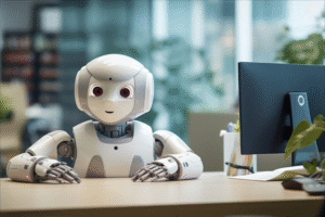 image55779 AnonMedia Robô simpático sentado em uma mesa de escritório moderna olhando para a câmera simbolizando o uso da inteligência artificial no ambiente de trabalho e no marketing digital