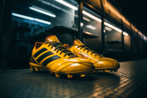 image53583 AnonMedia Par de chuteiras esportivas amarelas com detalhes pretos posicionadas em um ambiente urbano iluminado simbolizando energia movimento e performance