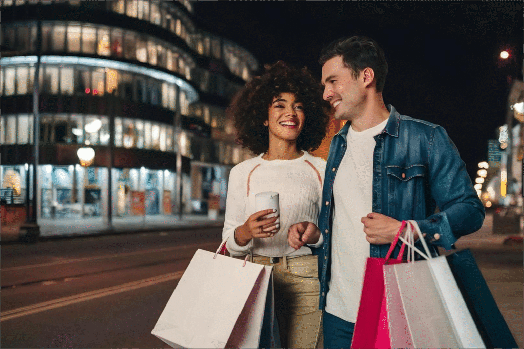 Casal fazendo compras à noite em área comercial moderna durante a Black Friday 2025