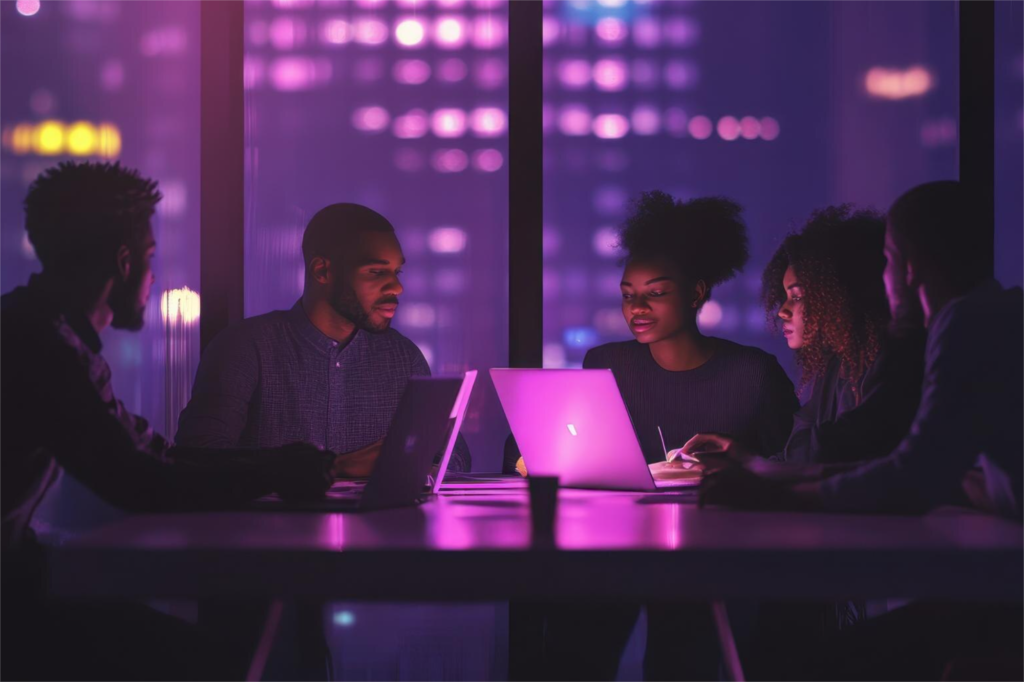 Equipe reunida em trabalho colaborativo no notebook, representando marketing digital, creators, cultura e construção de comunidade.