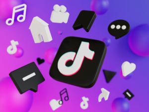 Imagem 3D do logo do TikTok rodeado por ícones de interações sociais, representando o engajamento e a experiência de compra na plataforma.
